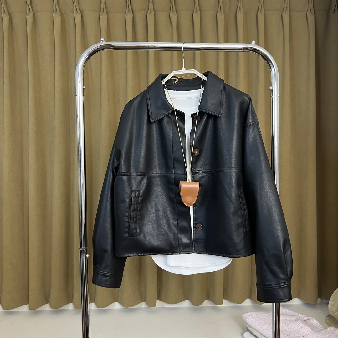 2025新款宽松小个子皮夹克开春皮衣外套女高级感翻领休闲机车上衣