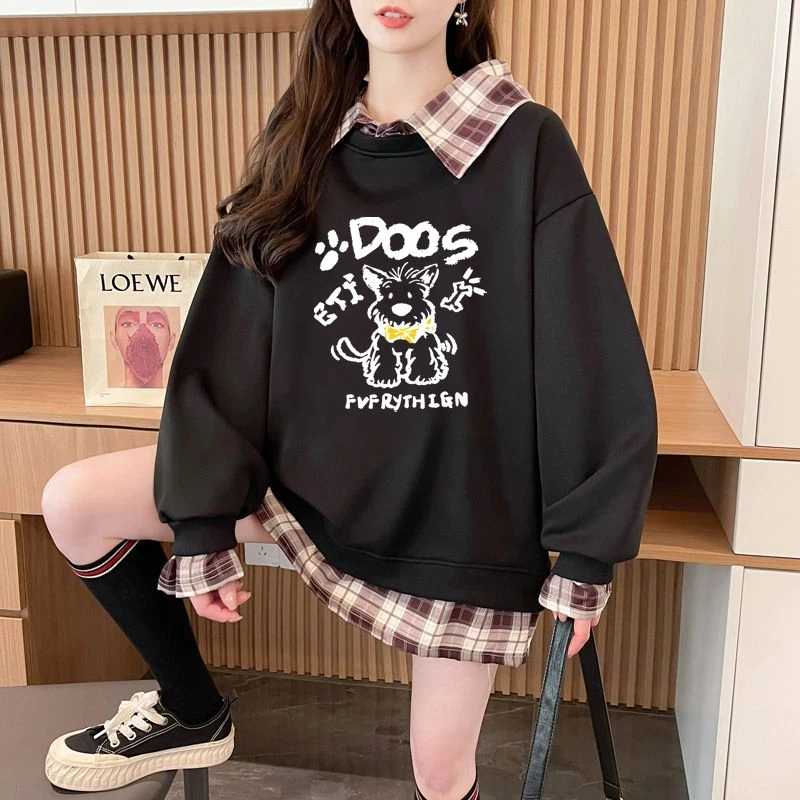 加大码300斤卡通印花圆领无帽卫衣女春秋款长袖宽松遮肉显瘦上衣