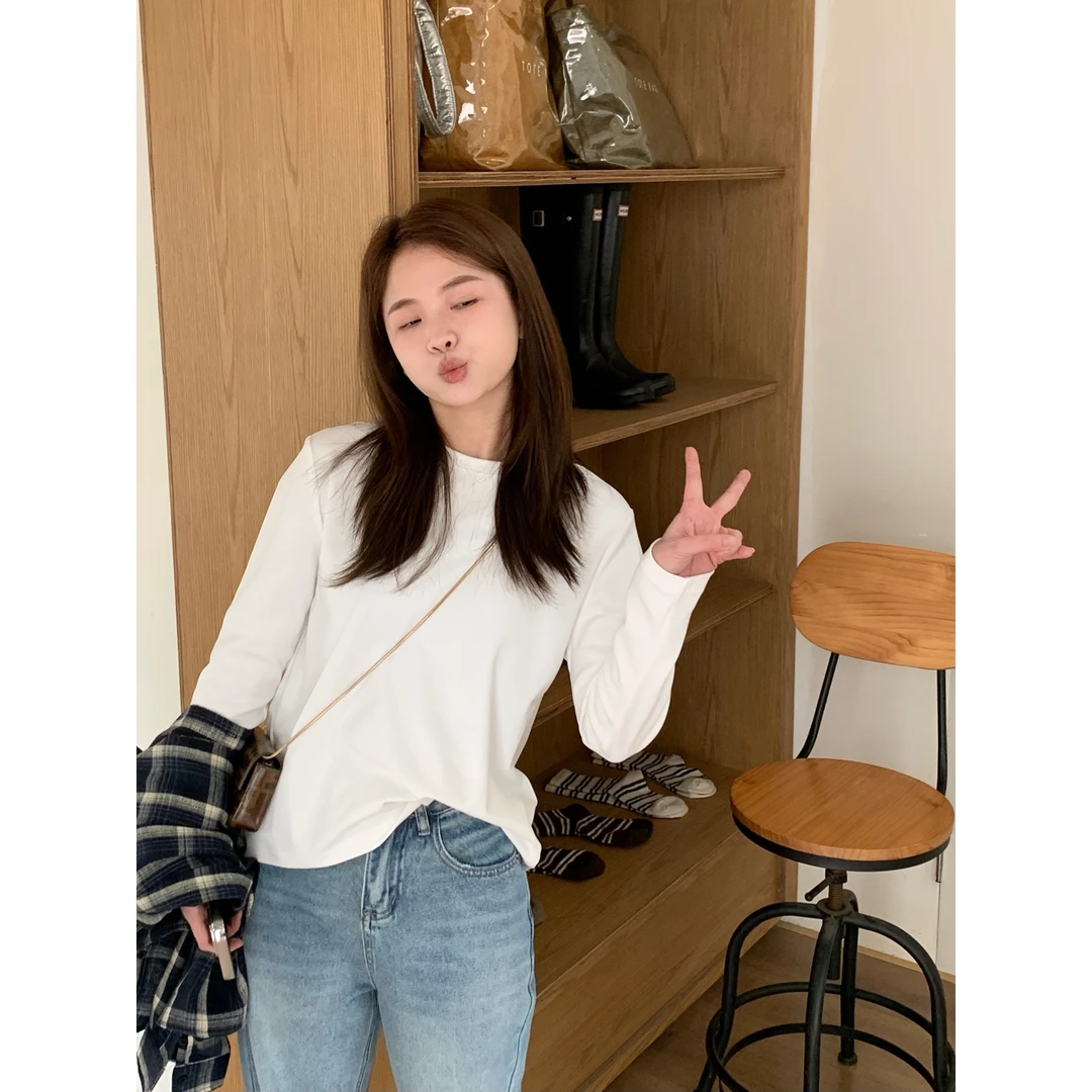 YO定制基础款百搭纯色套头圆领长袖T恤春季简约打底衫内搭上衣