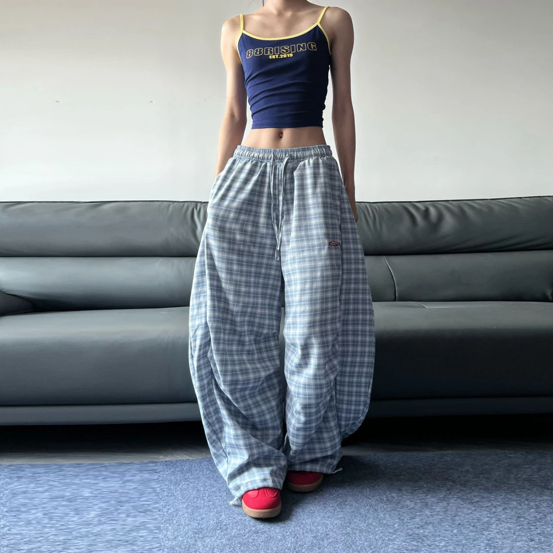 JADEQILIN美式复古弯刀蓝格子裤春夏宽松慵懒风垂坠感阔腿休闲裤