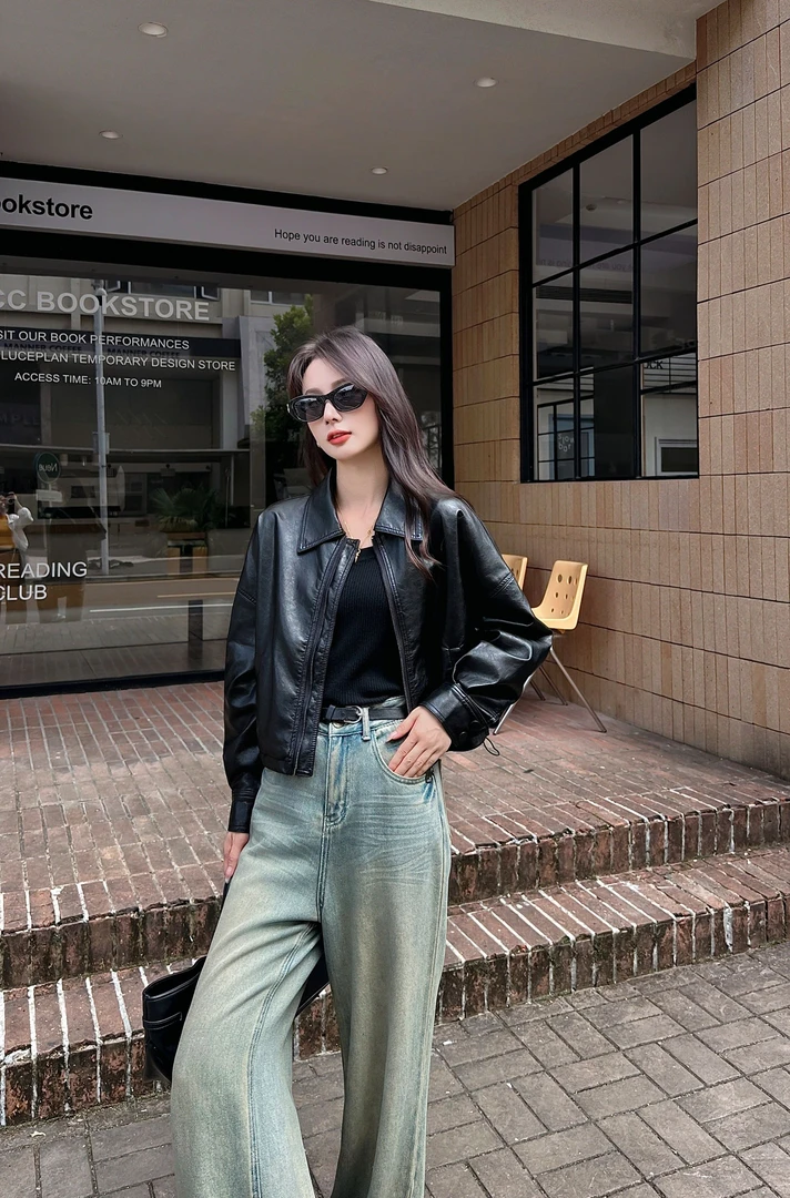 少女风秋冬季韩版女生皮衣外套短款长袖方领工装风常规常规款