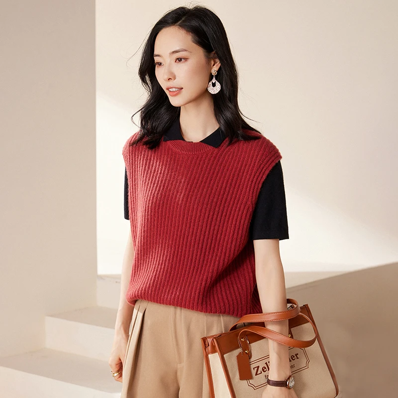 520正品 纯山羊绒 秋冬季女圆领加厚款坑条马甲坎肩 舒适柔软保暖