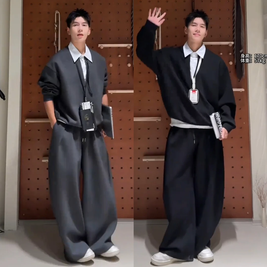 秋季慵懒风假两件翻领卫衣阔腿裤套装男士高档简约百搭休闲两件套