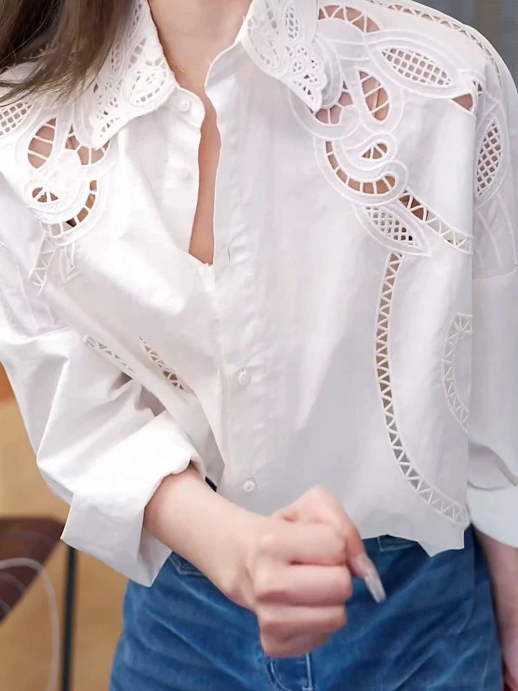 L251078【向姐】2025春季新款镂空刺绣百搭翻领长袖衬衫