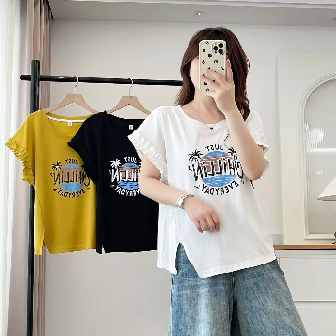 2025夏季新款落肩韩版圆领衬衫字母减龄大码常规款休闲宽松款155