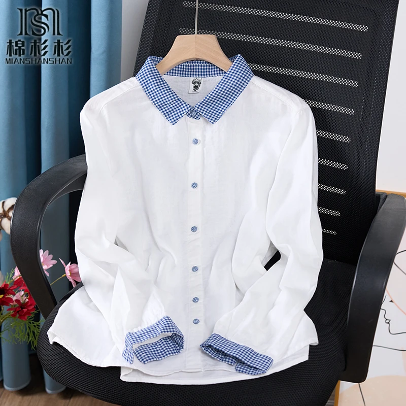 拼色格子领 双层棉纱长袖衬衫女 纯棉软糯亲肤透气内搭衬衣文艺