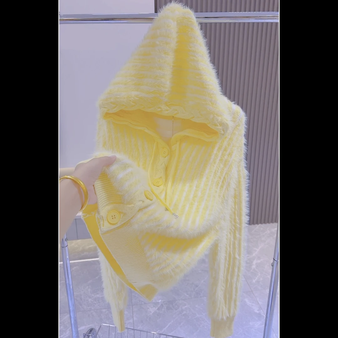 连帽针织毛衣清新少女浅蓝双色仿貂针织慵懒卫衣开衫宽松外套女