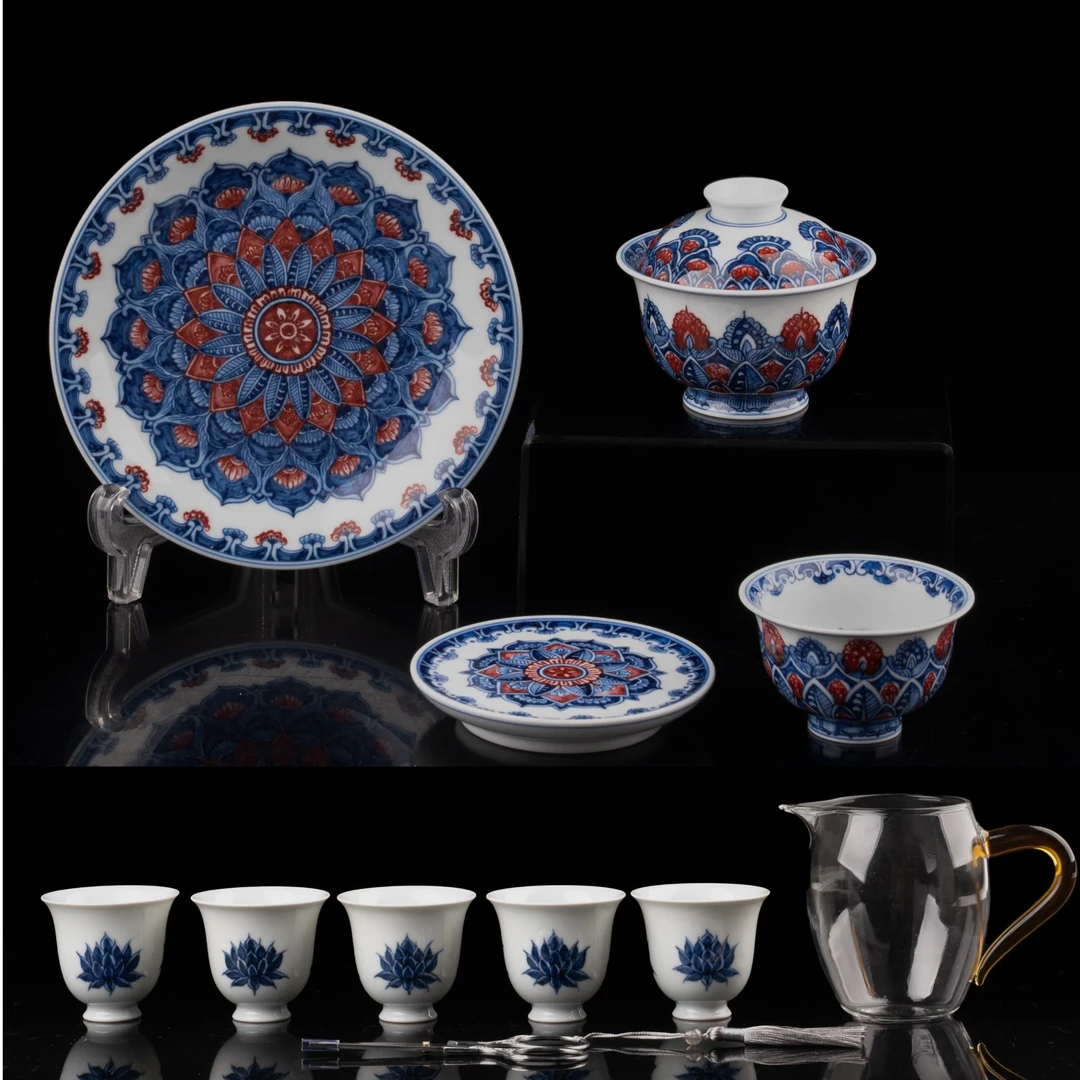 汤嘉禾窑 青花釉里红曼陀罗套组（四件套）赠：5客杯1公道杯1茶剪