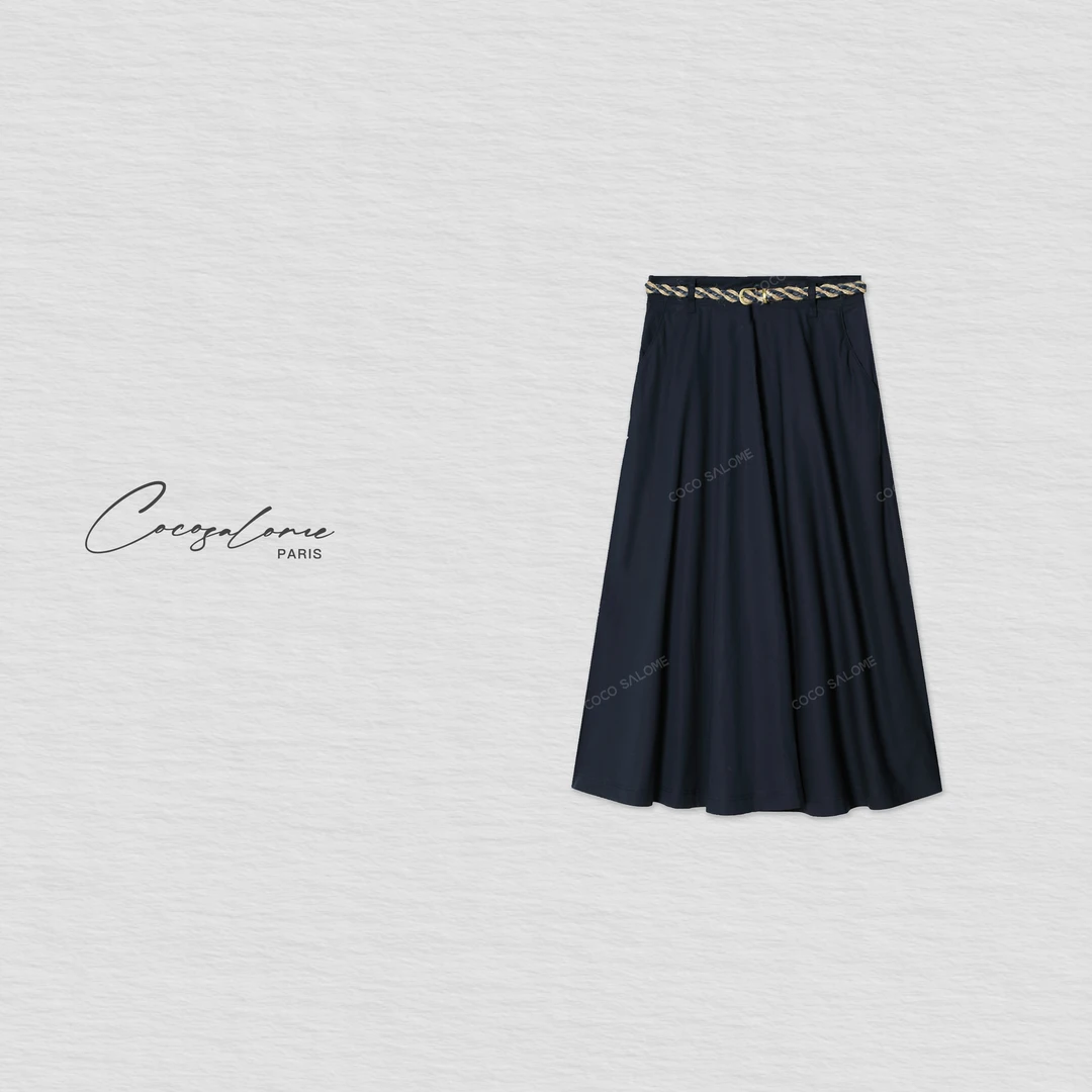 COCO SALOME｜韩彬彬"蓝天"100棉带编织腰带优雅中长半裙1519-12