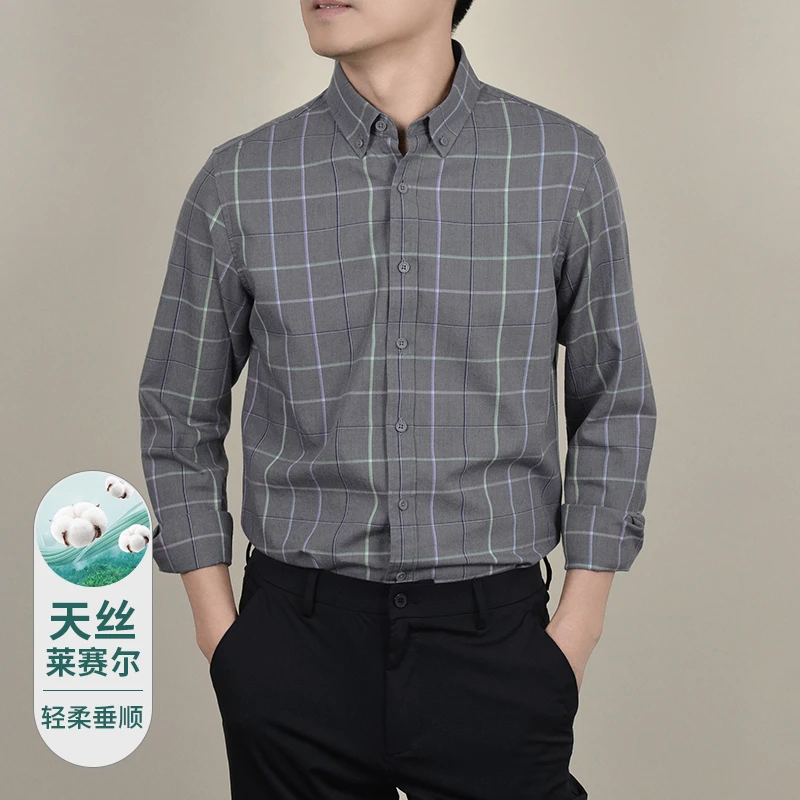 保罗正品春秋季修身衬衫经典格子衬衫潮流莱赛尔格纹男士时尚长袖