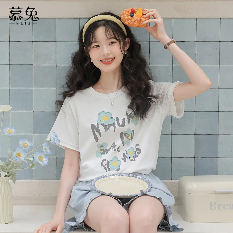 慕兔甜美白色木耳边短袖t恤女2025夏新款设计感小众字母印花上衣