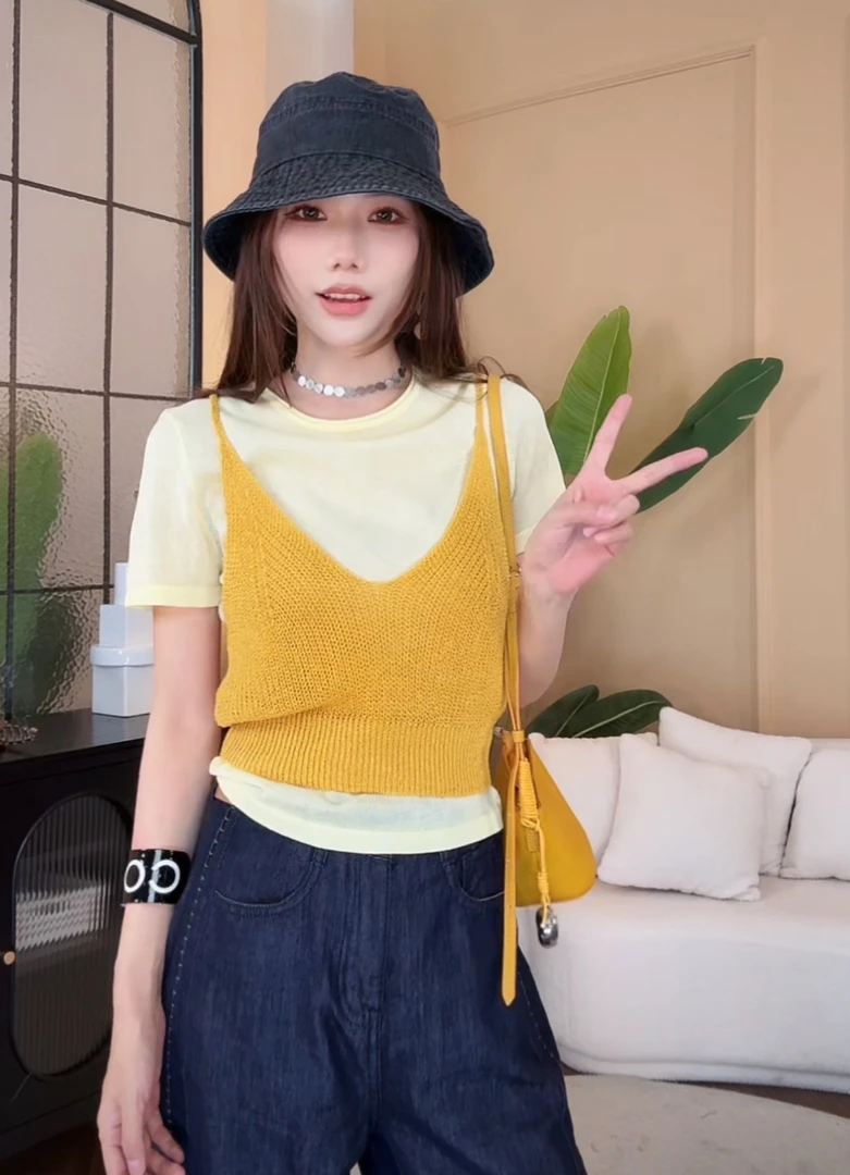 纯色针织衫T恤吊带背心两件套