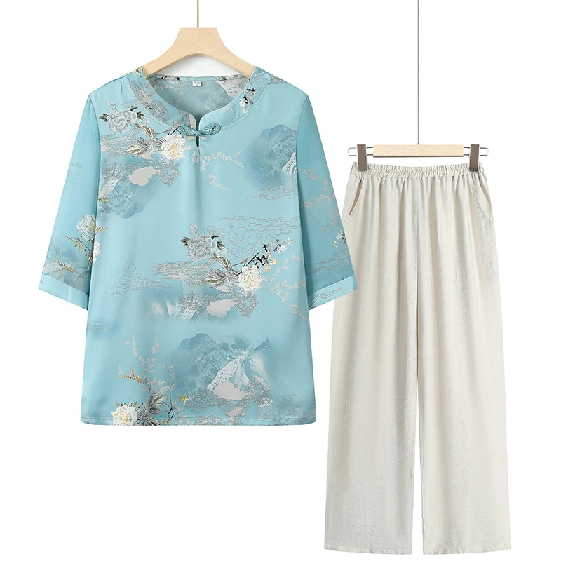 2025新款妈妈装奶奶夏装上衣雪纺中老年人套装女妈妈夏季新款宽松