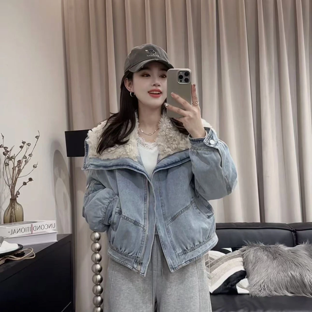 伟丽店2966款【牛仔羽绒服】冬季大翻领毛毛牛仔羽绒服