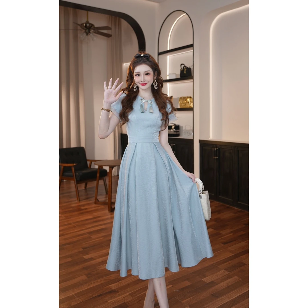 【晚晚定制】新款短袖拉链夏季方领连衣裙国风收腰名媛蓝色31247