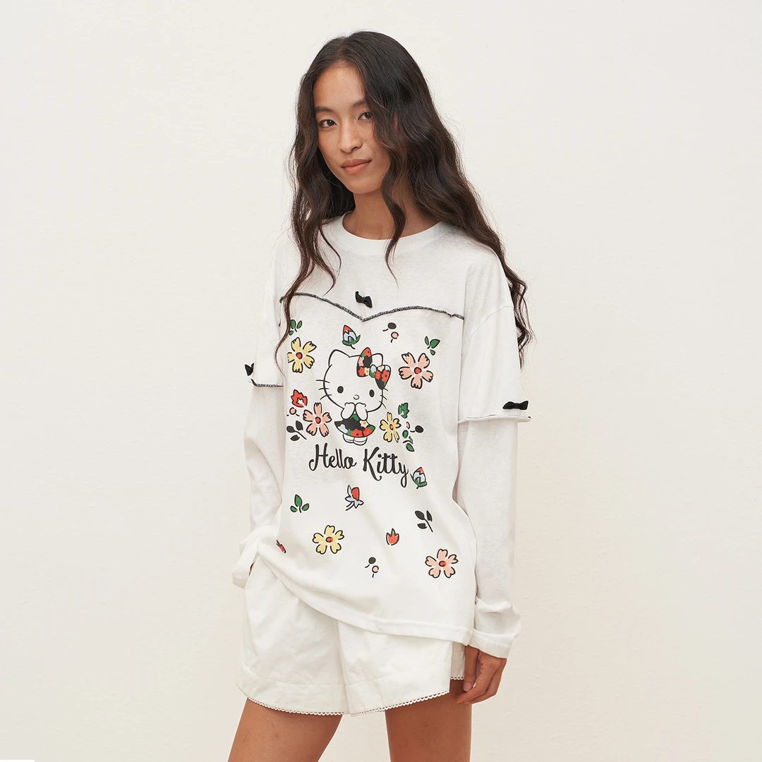 【鞠婧祎同款】The enes boutiqueKT趣味印花假两件卷边长袖T恤上衣