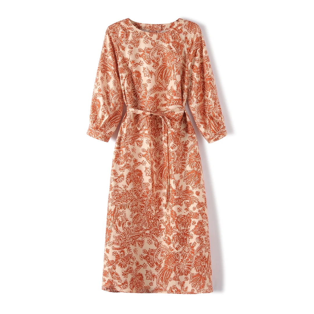 【YASHI】25新款时尚印花款25姆米斜纹绸桑蚕丝连衣裙 QXX255-25946