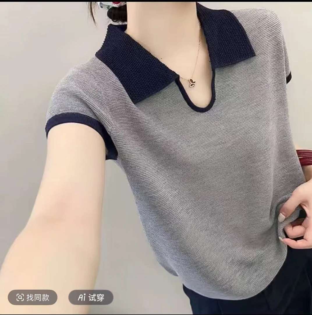 法式polo领撞色短袖上衣女2025夏季时尚设计感小众别致短款