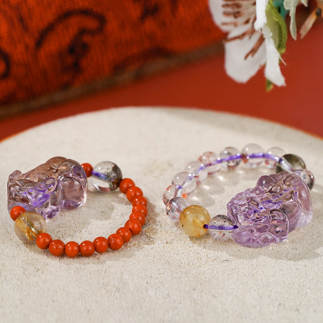 紫黄晶貔貅-绿幽灵金发晶戒指有证书