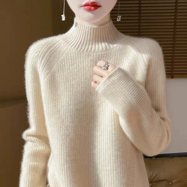 100羊毛加厚半高领元宝针插肩袖针织衫
