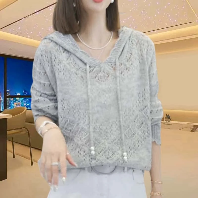 【镂空设计】2025秋季新款时尚气质百搭重工长袖毛衣帽衫女