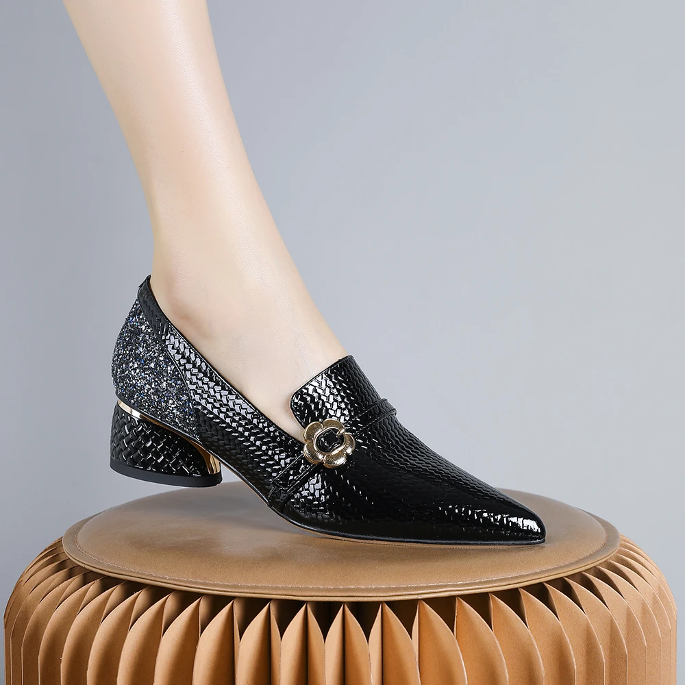 妮彩诗2024新款欧美女鞋低跟3公分百搭时尚通勤粗跟尖头单鞋1271