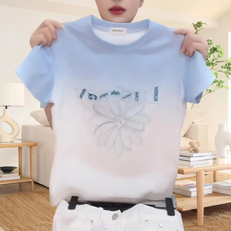 设计感渐变晕染短袖T恤女款夏季新款百搭重工亮片小清新字母上衣