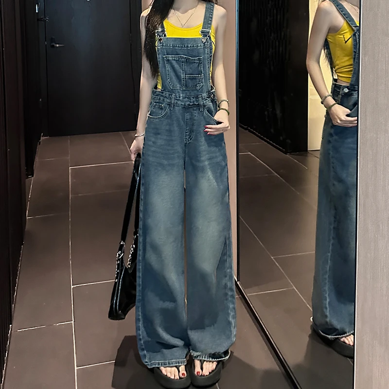 美式复古牛仔背带裤女2025秋季新款设计感宽松减龄小个子直筒裤