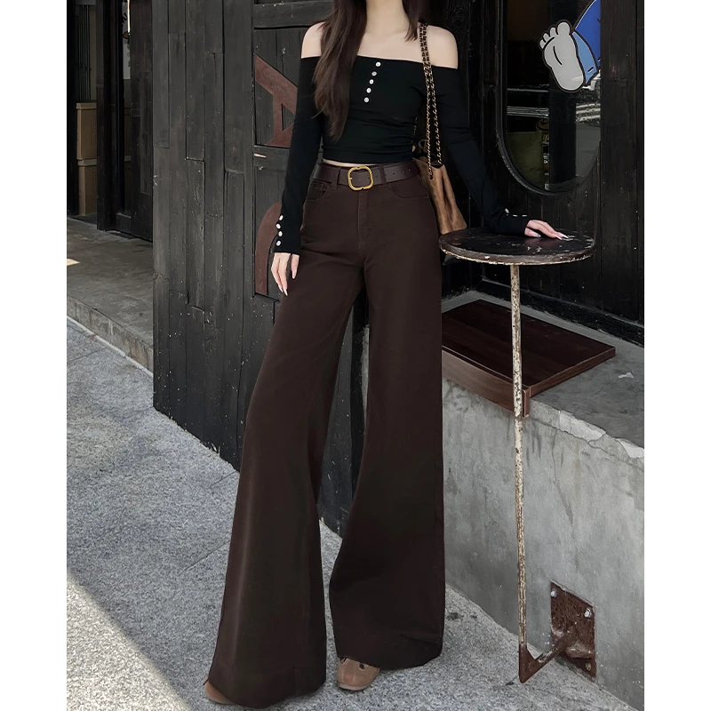 咖色不贴腿微喇牛仔裤女2025秋季新款小个子高腰宽松直筒拖地裤
