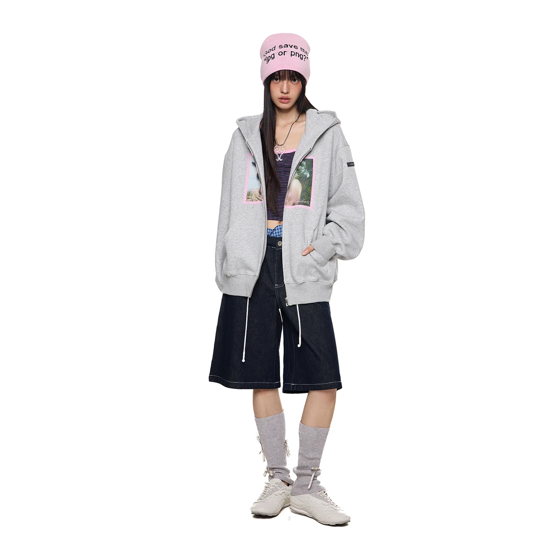 EZEK 小羊图案印花连帽衫女秋新款美式复古休闲宽松开衫卫衣外套