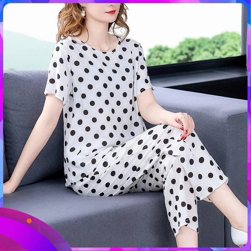 新款女短袖长裤休闲绵绸套装妈妈两件套外穿时尚宽松夏季睡衣大码