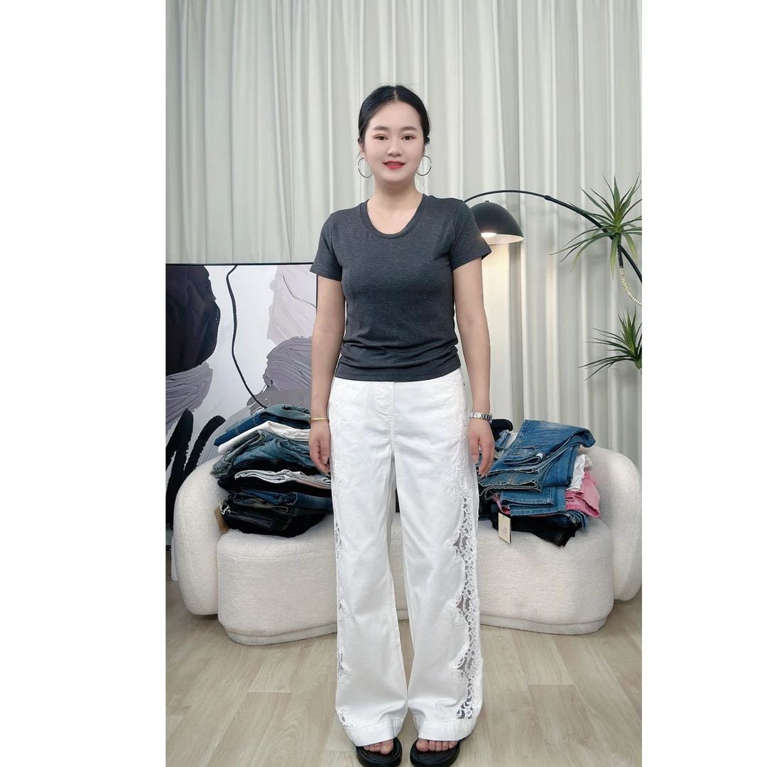 【月光白玫】夏款100棉勾花蕾丝设计感宽松直筒阔腿裤牛仔裤