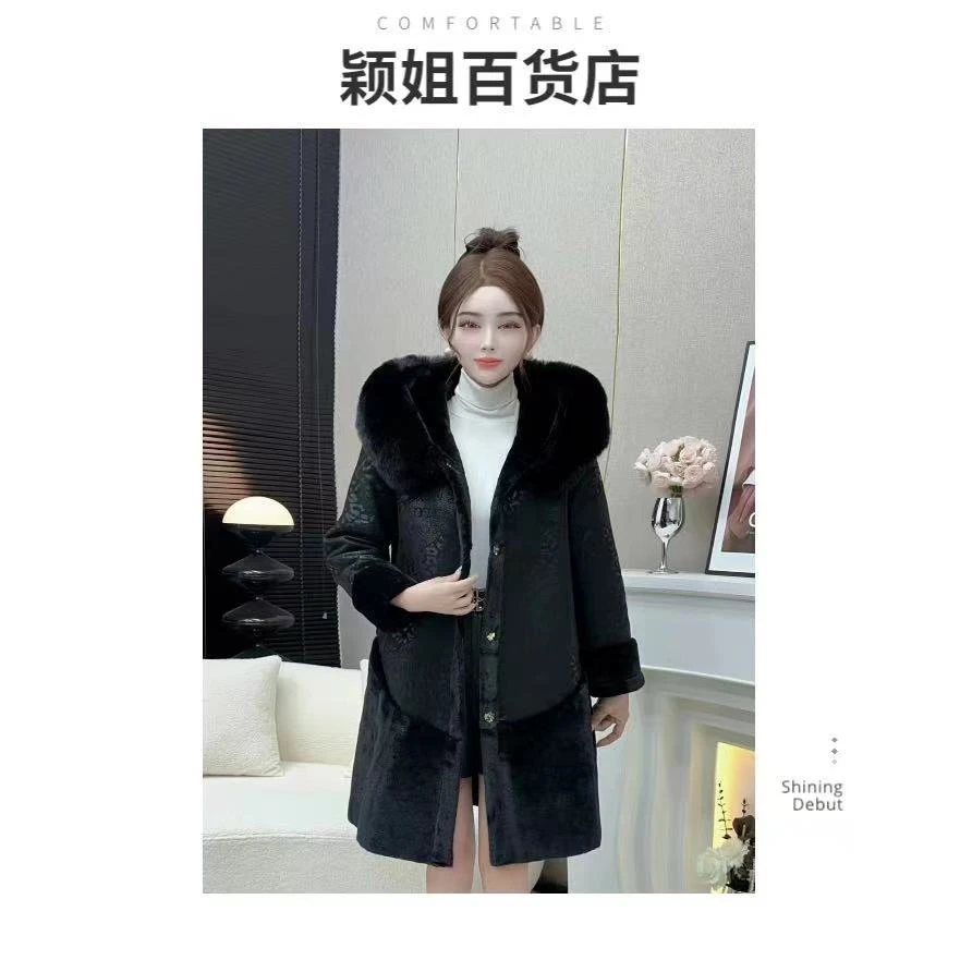 时尚大码妈妈中长款冬季加厚连帽外套655