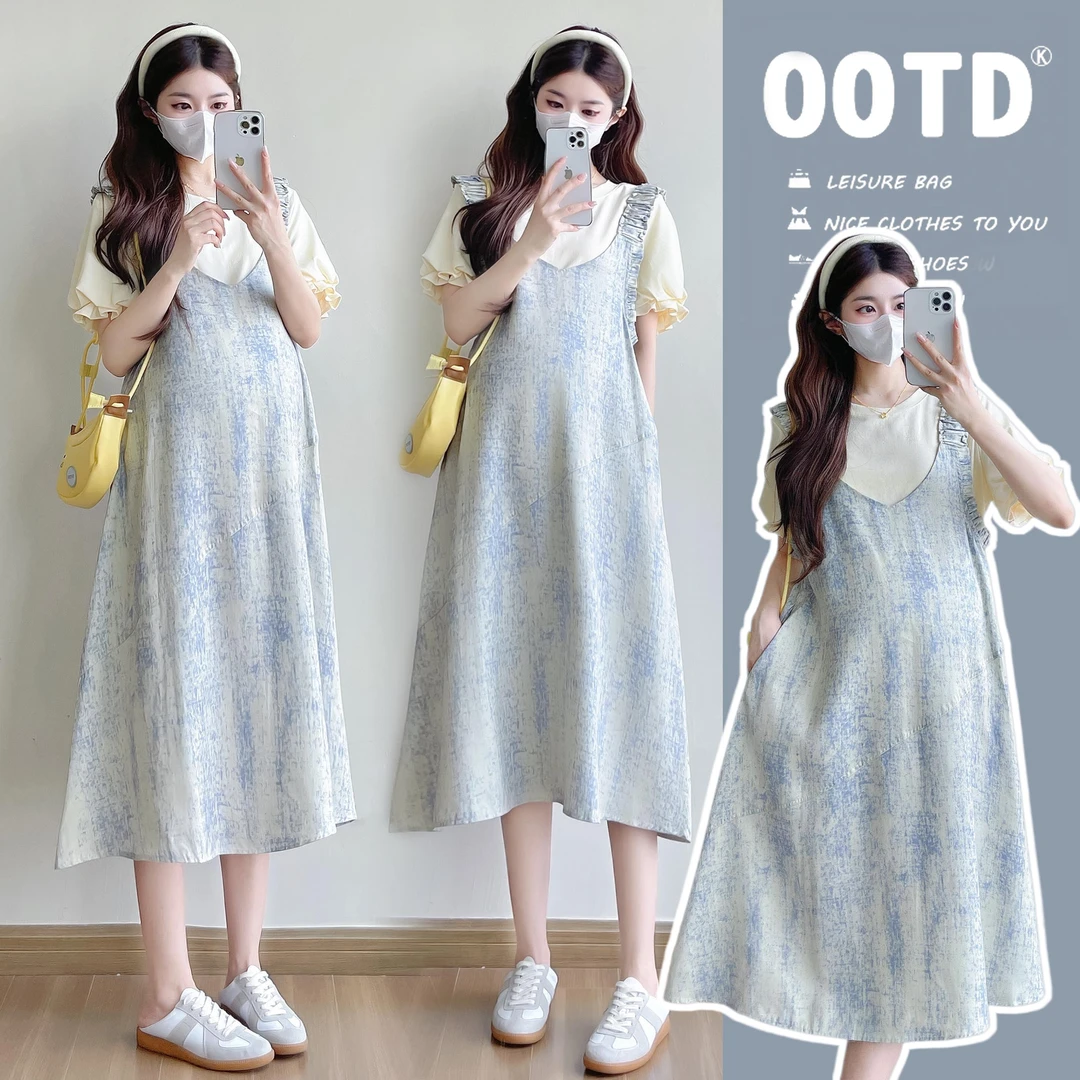 时髦孕妇装夏季套装蓝色背带裙两件套夏装长裙潮妈孕期穿搭连衣裙