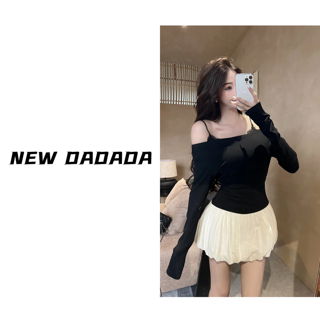 清清利达NEADADA一字肩长袖春装女设计感显瘦修身连衣裙DQ1306