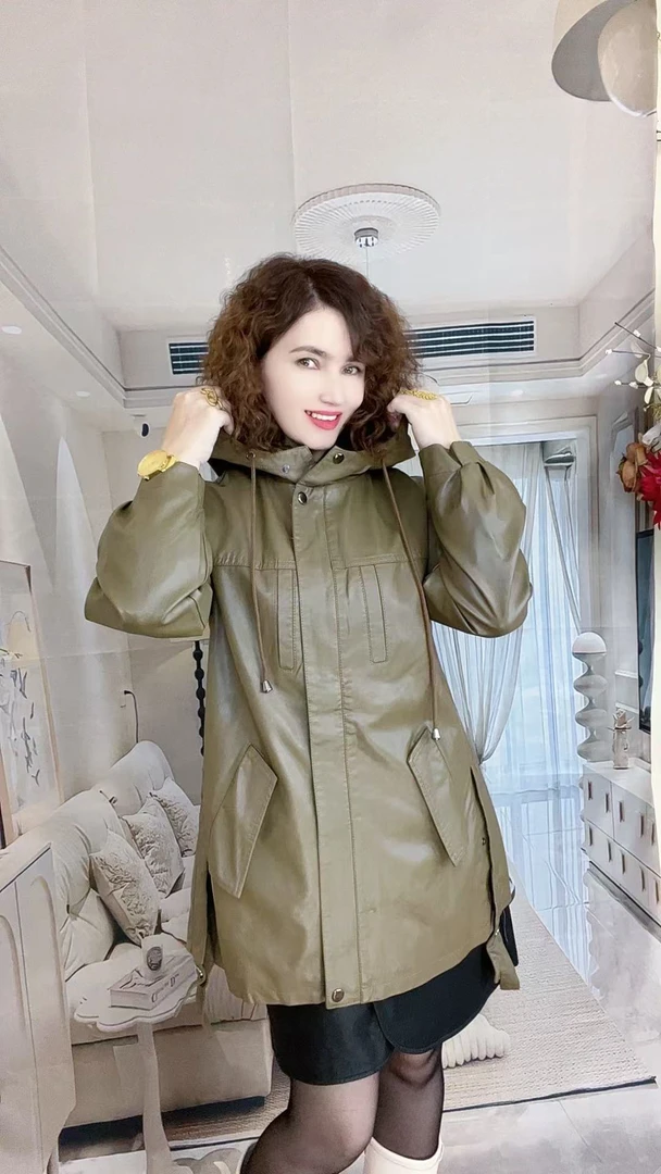 MODA KIZ 时尚连帽中长款皮衣新款外套