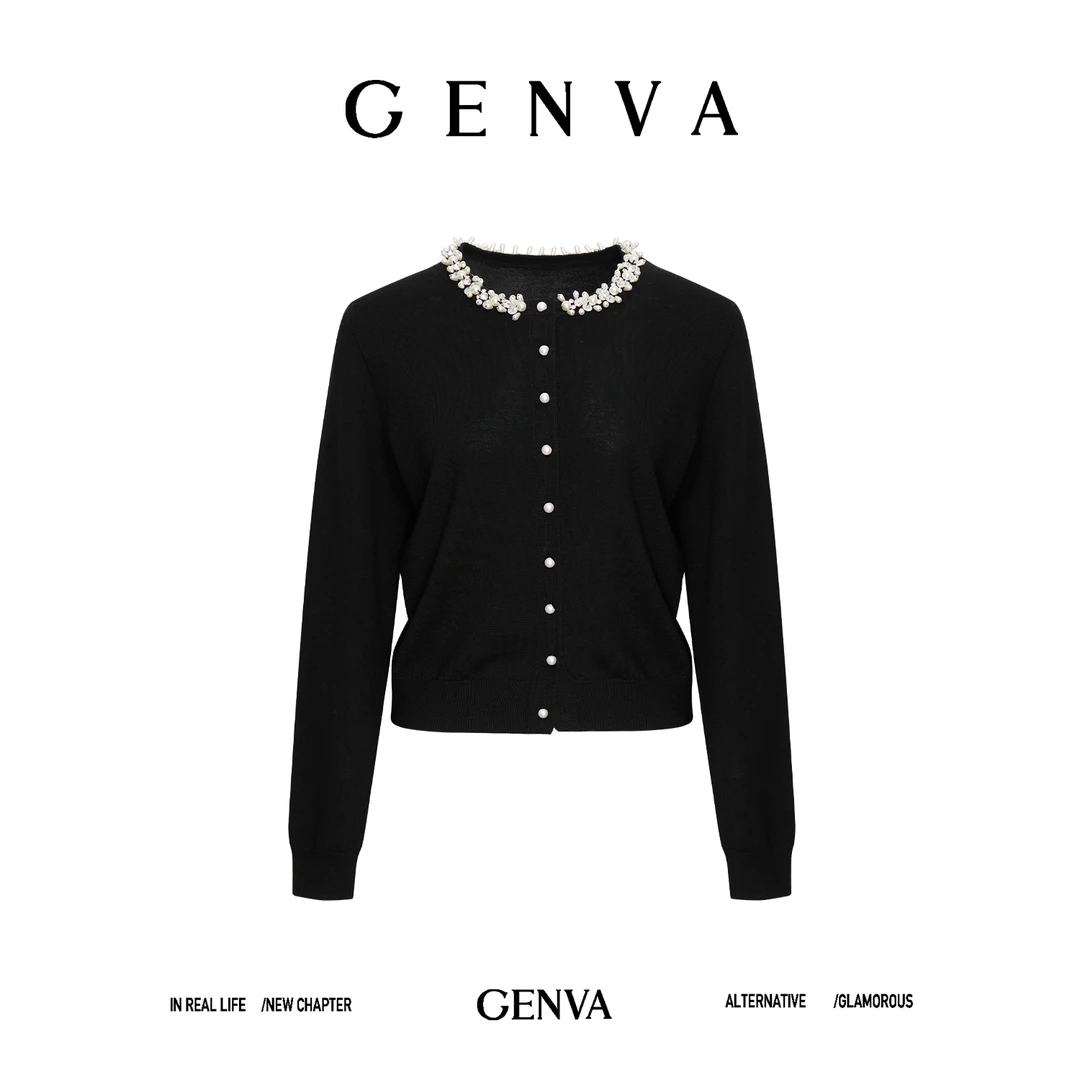 玖着'艾美衫'重工奢献100羊毛纯手工装饰珠边领优雅香风针织开衫