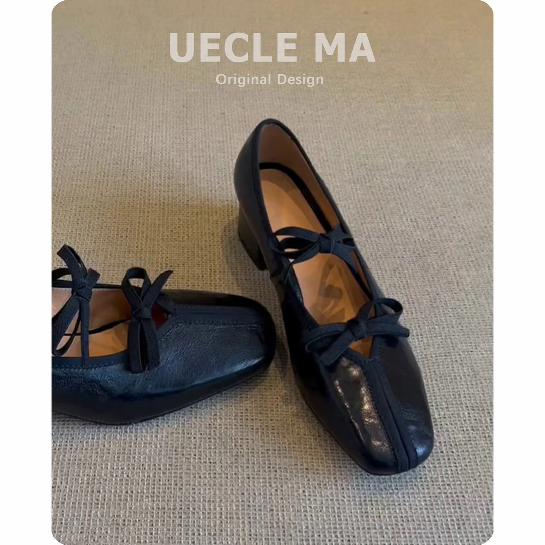 羊皮~正品法式单鞋女粗跟不累脚高跟鞋芭蕾鞋复古蝴蝶结玛丽珍鞋