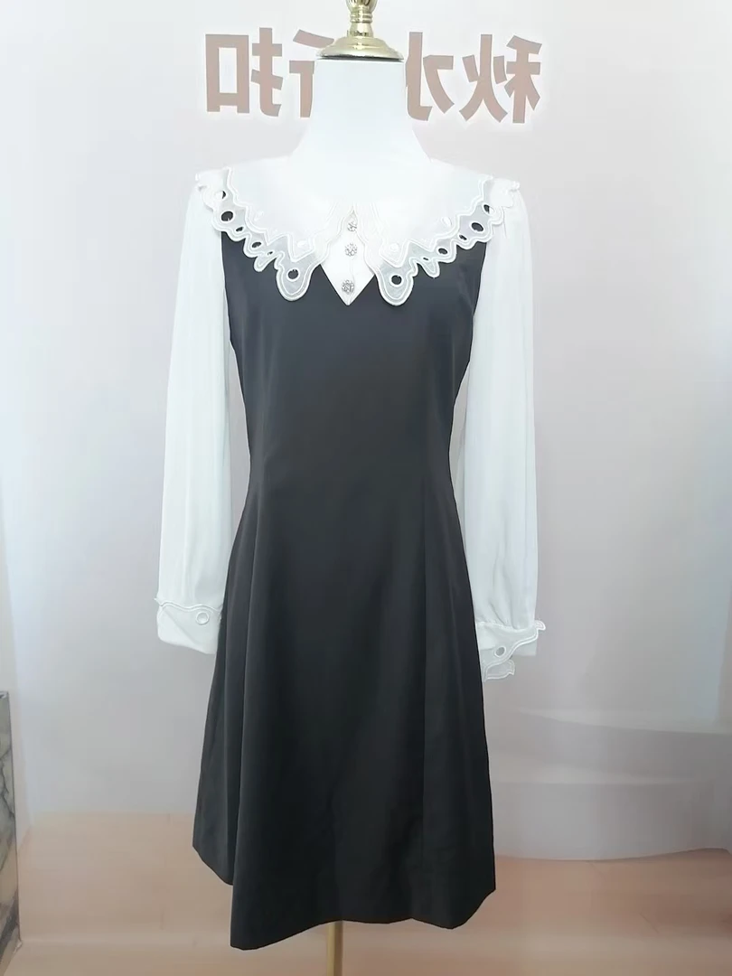 双层领优雅常规秋季女装A字裙通勤轻奢女士连衣裙