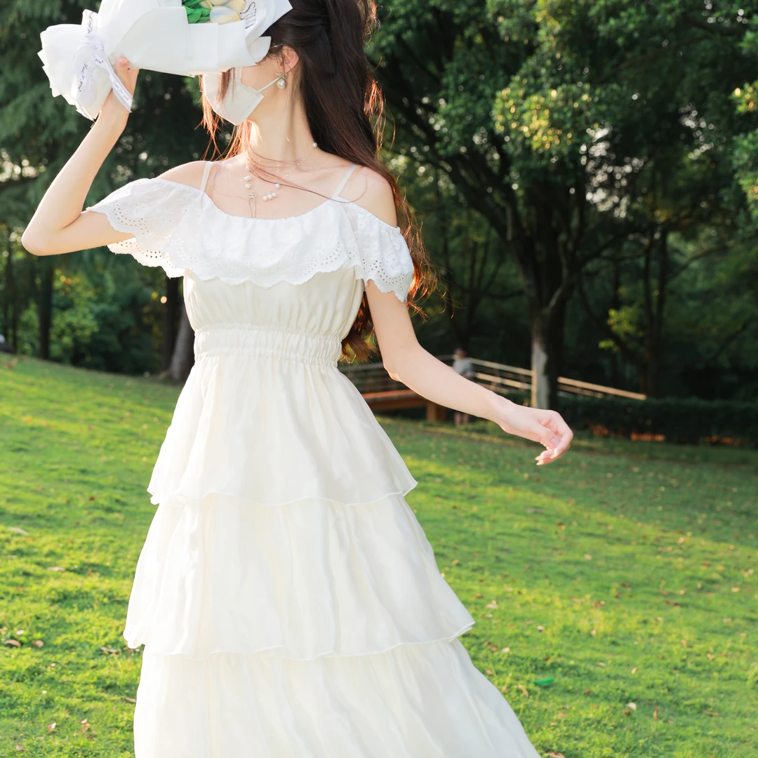 花崎鹿原创 茉莉玫瑰连衣裙法式甜美仙女裙长裙度假海边约会杏色