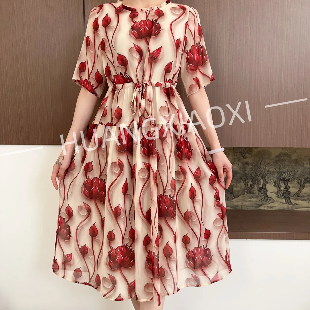 HUANGXIAOXI 唯美红莲花3D立体感优雅气质抽绳款连衣裙ZF-1031