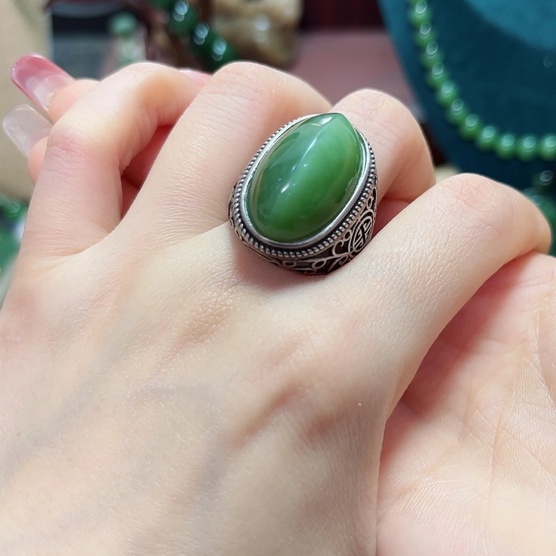 和田玉戒指银S925镶嵌