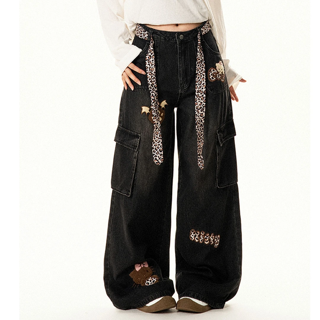 美式复古设计感豹纹刺绣牛仔裤女宽松百搭休闲阔腿裤长裤裤子女款