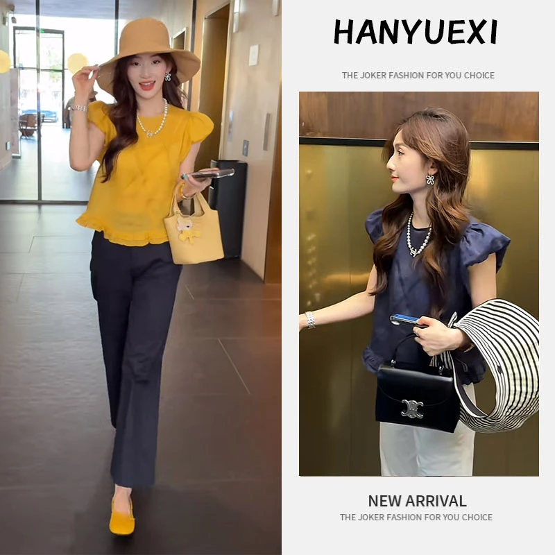 夏季时尚一整套女装2025新款韩系荷叶边下摆短袖百搭阔腿裤两件套