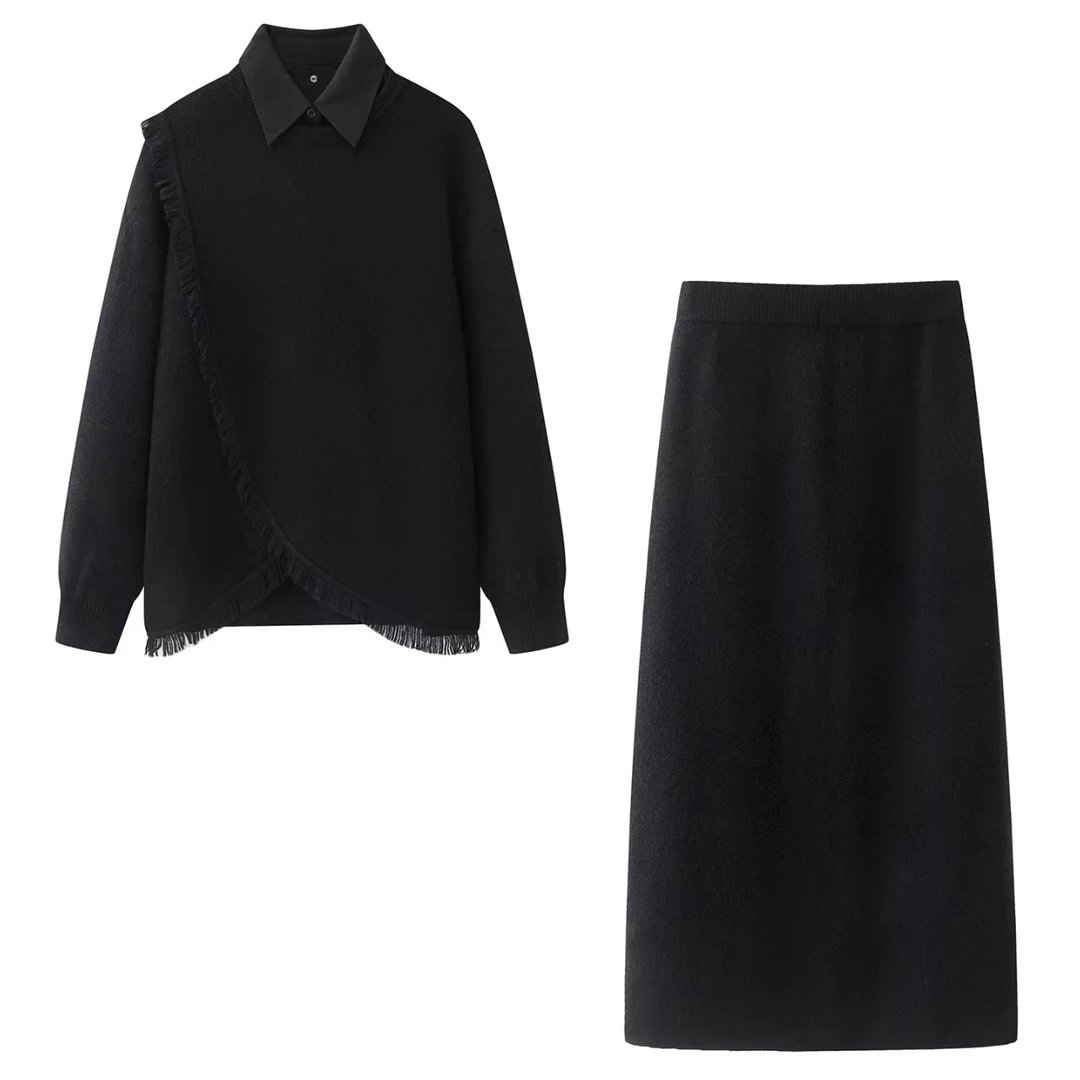 艾家2025冬季款宽松衬衫领流苏针织衫毛衣女半身裙套装7737/1735