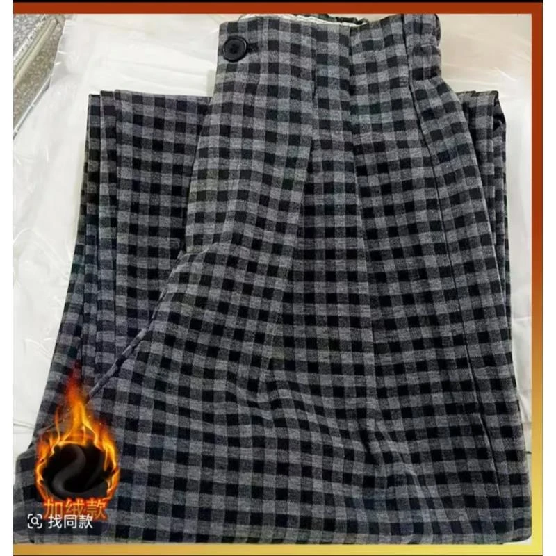 冬季加绒加厚格子西装阔腿裤女小个子大码显瘦高腰宽松直筒休闲裤