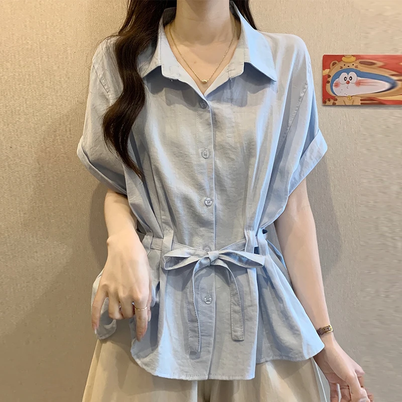 微胖mm漂亮蓝色短袖衬衫女装2025夏季新款爆款收腰遮肚巨好看上衣