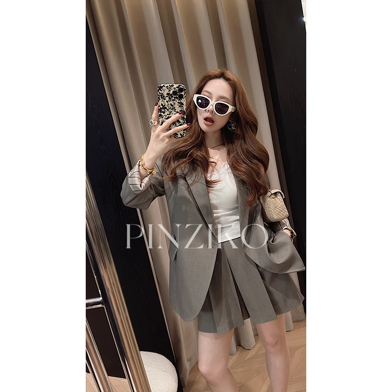 【PINZIKO】精英女王~枪驳领韩版小西装女单排扣气质西服外套TJF006