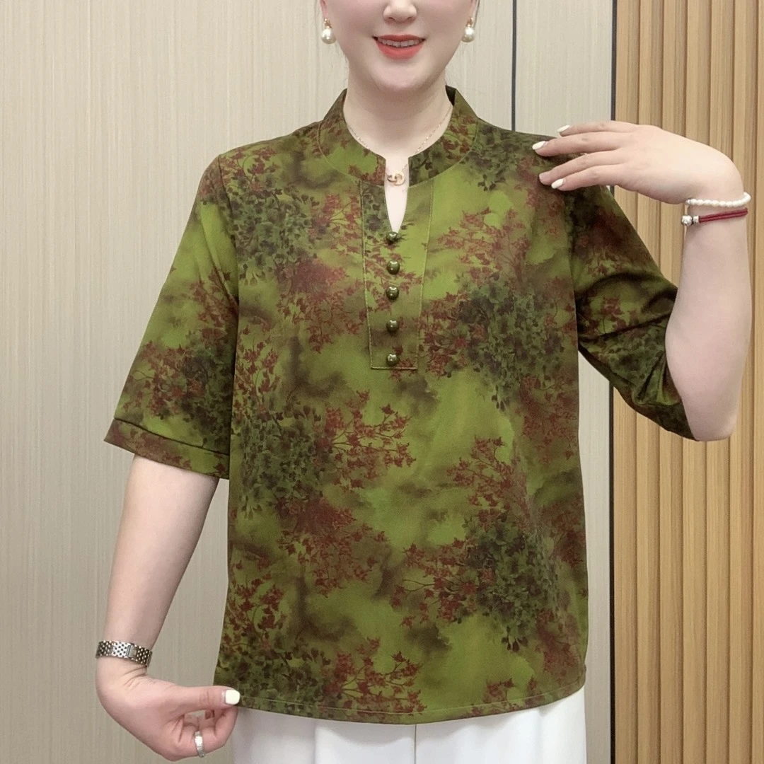 新款上新绿色显白宽松大码妈妈装精品五分袖小衫