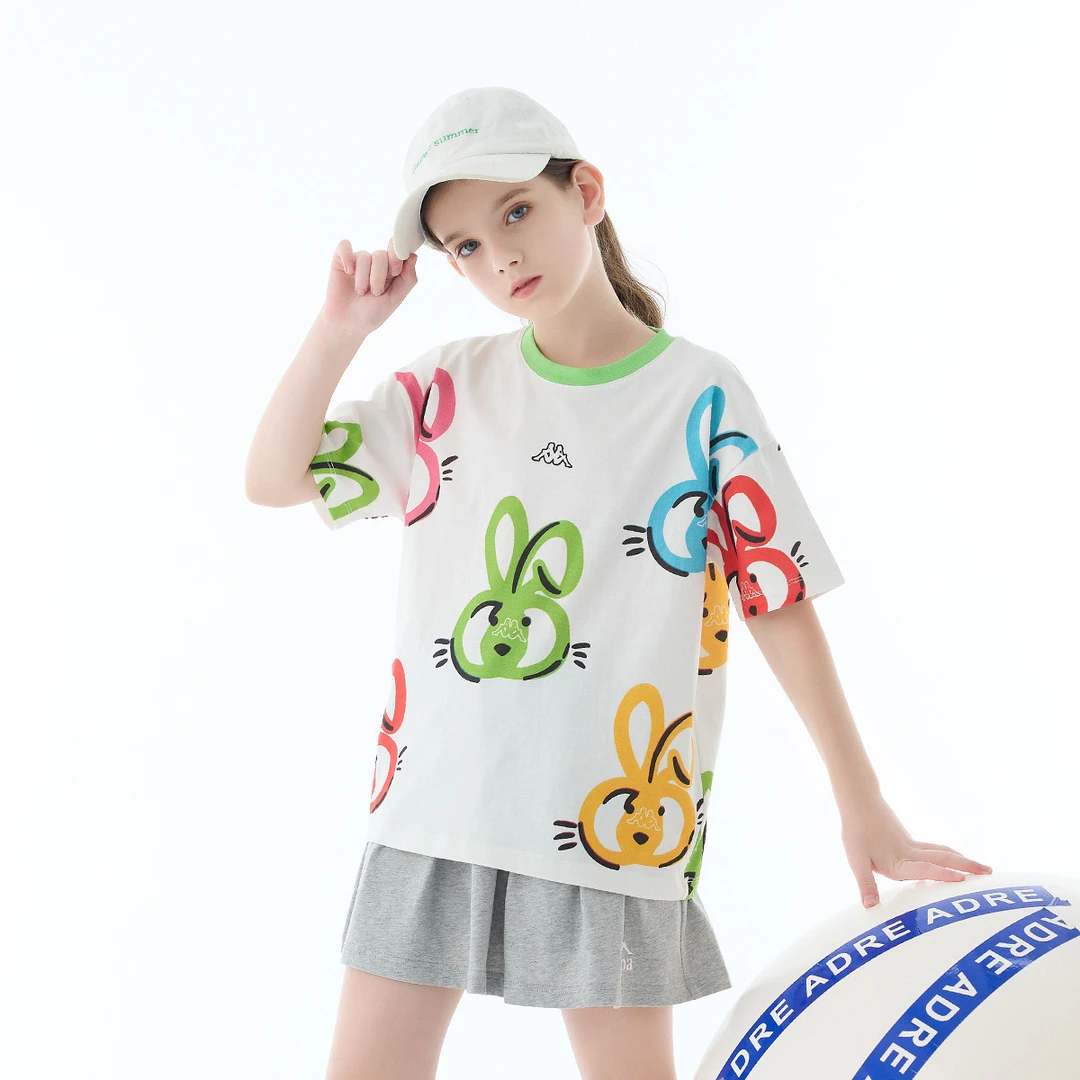 kappa kids卡帕中大童夏季舒适宽松百搭户外套头圆领短袖B006